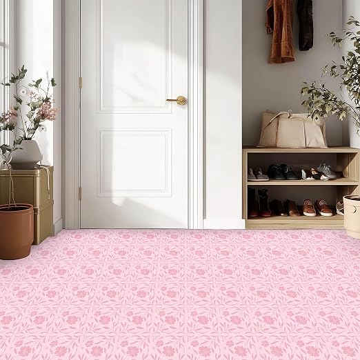 Pink Sparkle Floral Peel and Stick Floor Tiles 12x12 Inch 10PCS | Pink floral pattern with a printed sparkle look vinyl floor stickers for kitchen bathroom entryway and indoor home decor
