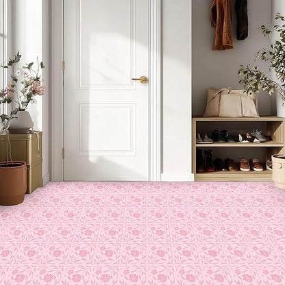 Pink Sparkle Floral Peel and Stick Floor Tiles 12x12 Inch 10PCS | Pink floral pattern with a printed sparkle look vinyl floor stickers for kitchen bathroom entryway and indoor home decor