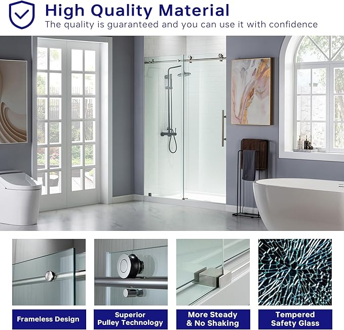 WOODBRIDGE 44-48"Wx76"H Frameless Shower Door,3/8(10mm)Clear Tempered Glass with Explosion-Proof Film, Brushed Nickel Finish with Smooth Closing Design