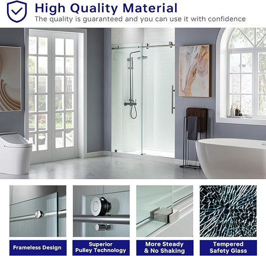 WOODBRIDGE 44-48"Wx76"H Frameless Shower Door,3/8(10mm)Clear Tempered Glass with Explosion-Proof Film, Brushed Nickel Finish with Smooth Closing Design