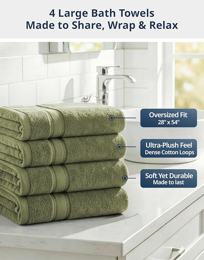 LANE LINEN Towel Set Soft Absorbent Quick Dry 100% Cotton - Oil Green | Cotton Bath Towels - Lightweight & Breathable, Fade-Resistant Color, Classic Terry Weave, Densely Woven, Coordinated Colors