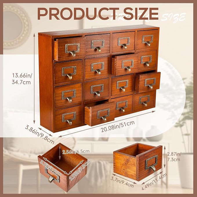 Qinyoung 16 Drawers Apothecary Cabinet Library Card Catalog Cabinet Tabletop Vintage Apothecary Chests Cabinets Rustic Herb Storage Box with Drawers Wooden Desk Drawer Organizer Medicine Furniture