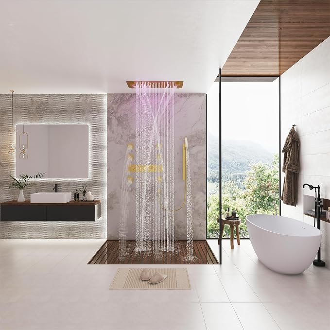 CASAINC Thermostatic Shower System 35x16 Inch Luxury 6 Functions Shower Jets System, Multifunctional Full Body Shower System with Sliding Rod 2 in 1 Handheld, LED & Music (Brushed Gold)