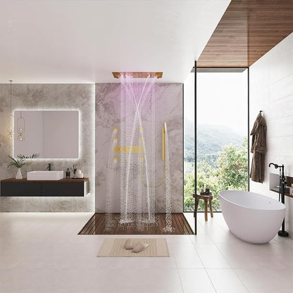 CASAINC Thermostatic Shower System 35x16 Inch Luxury 6 Functions Shower Jets System, Multifunctional Full Body Shower System with Sliding Rod 2 in 1 Handheld, LED & Music (Brushed Gold)