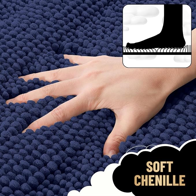 OLANLY Thick Bathroom Rugs 30x20, Chenille Bath Rugs, Twilight Sapphire | Rubber Backing, Machine Wash, Extra Absorbent Striped Bath Mats for Bathroom Floor, Tub and Shower, Home Decor Accessories