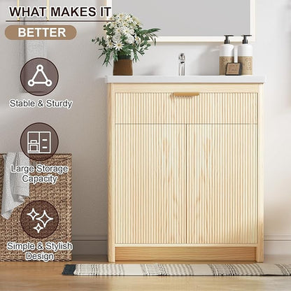 Bathroom Vanity with Sink, 32 Inch Single Bathroom Vanity with Sink with Storage Cabinet for Small Space, Freestanding Storage Bathroom Vanity with 2 Soft Closing Cabinets, Nature Wood