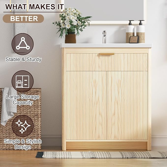32 Inch Bathroom Vanity with Sink, Bathroom Cabinet Vanity for Small Space, Freestanding Storage Bathroom Vanity with 2 Soft Closing Cabinets, Nature Wood