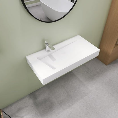 SJ Star&Jane 35" x 18" Solid Surface Bathroom Sink, Wall-Mount or Countertop Vessel Sink, Floating Vanity Sink, Pre-installed Faucet Holes, Durable Modern Design