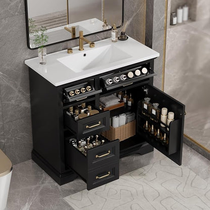 36" Bathroom Vanity with Ceramic Sink,Freestanding Storage Cabinet w/Soft-Close Door and 2 Tip-Out & 2 Drawers,Undermount Single Basin Bath Vanity Set w/Adjustable Shelf,Black
