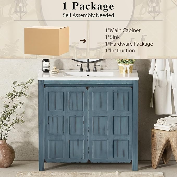 36" Bathroom Vanity Organizer with Ceramic Sink, Set Bathroom Storage Cabinet, Retro Blue