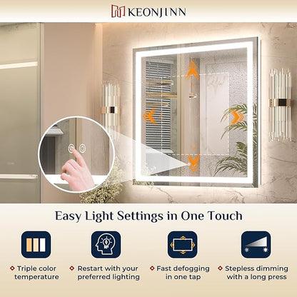 Keonjinn LED Mirror for Bathroom 22 x 30 Inch, Frontlit & Backlit Bathroom Vanity Mirror with 3 Color Lights, Lighted Bathroom Mirror with Anti-Fog, HD Tempered Glass, UL-Listed LED Driver, CRI90+