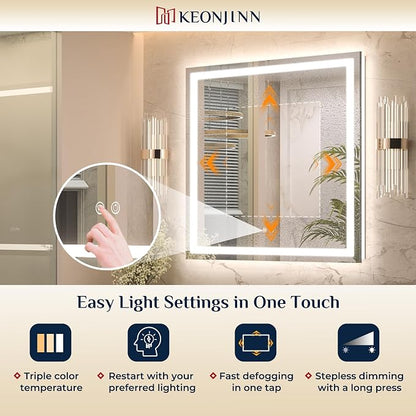 Keonjinn 48x36 Inch LED Bathroom Mirror with Lights, Frontlit & Backlit | HD Tempered Grass, 3-Color Temperature & Stepless Dimmable Lighting, Fast & Safe Defogging, Effortless Installation