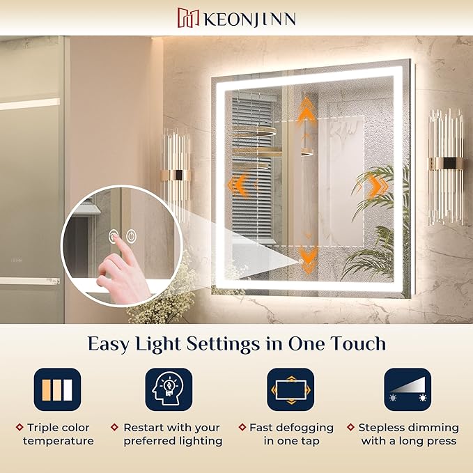 Keonjinn LED Mirror for Bathroom 48 x 30 Inch, Frontlit & Backlit Bathroom Vanity Mirror with 3 Color Lights, Lighted Bathroom Mirror with Anti-Fog, HD Tempered Glass, UL-Listed LED Driver, CRI90+