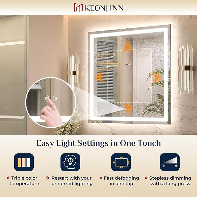 Keonjinn 36x36 Inch LED Bathroom Mirror with Lights, Frontlit & Backlit | HD Tempered Grass, 3-Color Temperature & Stepless Dimmable Lighting, Fast & Safe Defogging, Effortless Installation