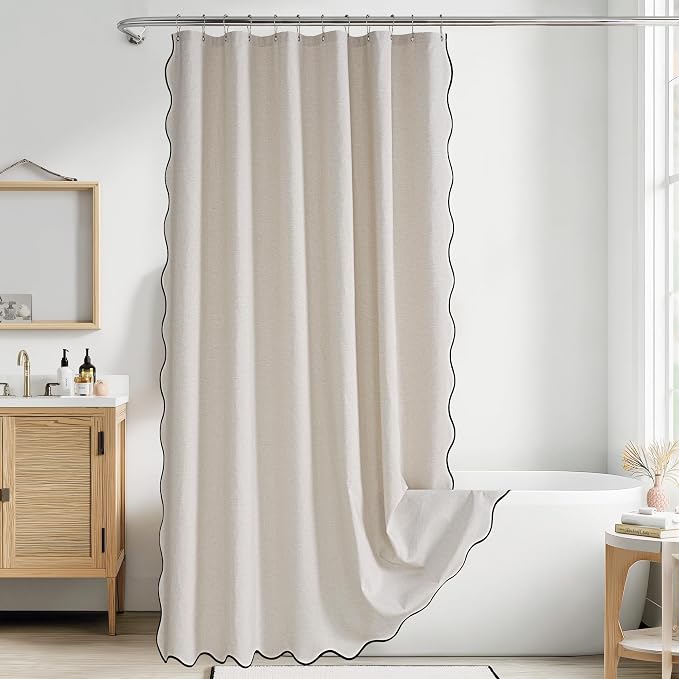 KGORGE Scalloped Shower Curtain for Bathroom with 12 Metal Hooks, Linen Textured Privacy Waterproof Boho Cute Heavy Duty Farmhouse Shower Curtains for Home Decor Bathtub, Linen, 72 x 72 inches Long