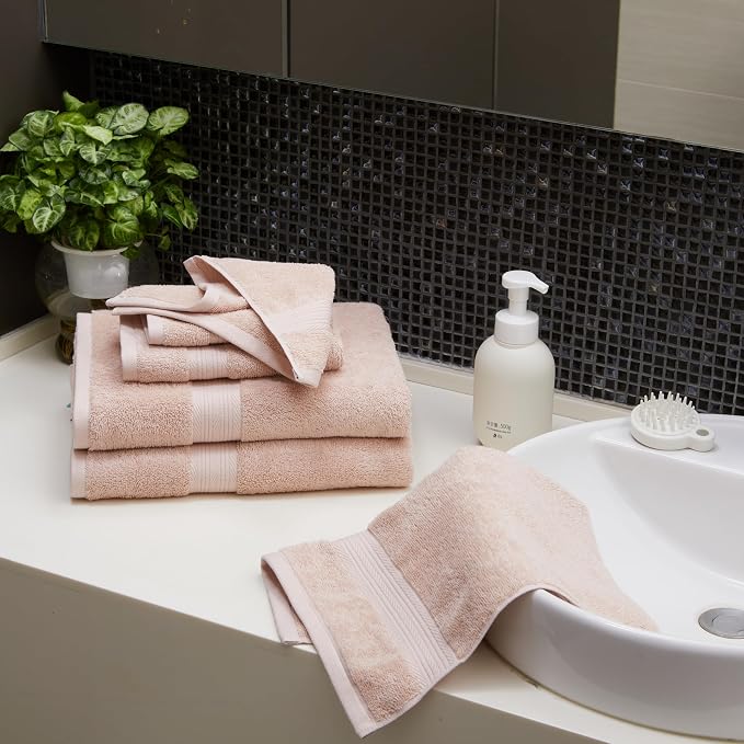 Amazon Basics Fade-Resistant 100% Cotton Bath, Hand and Washcloth Towel Set, 30 x 54 inches, Blush Pink, Set of 6