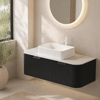 48 Inch Bathroom Vanity with Sink, Floating Wall Mounted Single Sink Vanity, Black Curved Fluted Front, Stone Top, White Textured Rectangular Vessel Basin, Pre-Assembled