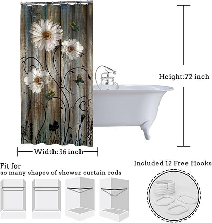 Rustic Shower Curtain Set Grey Daisy Floral Butterfly Shower Curtain for Bathroom Farmhouse Bath Curtain with 12 Hooks American Country Farm Style 36×72 Inches