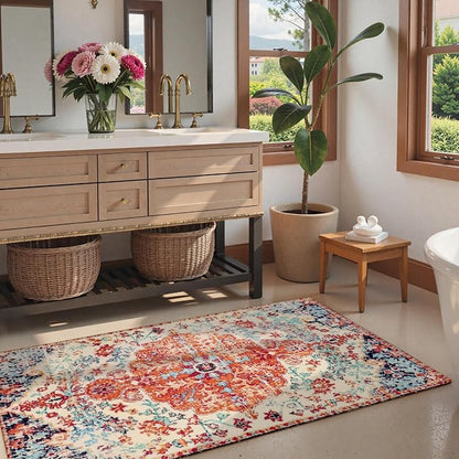 Lahome Bohemian Floral Medallion Area Rug - 3x5 Bedroom Rug Soft Throw Printed Bathroom Kitchen Entry Foyer Mat, Vintage Non-Slip Washable Carpet for Front Door Laundry Room Bath Office, Orange