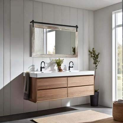 COGOOD Farmhouse Bathroom Mirrors for Over Sink - 26 x 41 Yellow White | Rustic Barn Door Wood Framed Vanity Mirror for Entryway, Living Room, Bedroom, Dresser Wall Decor