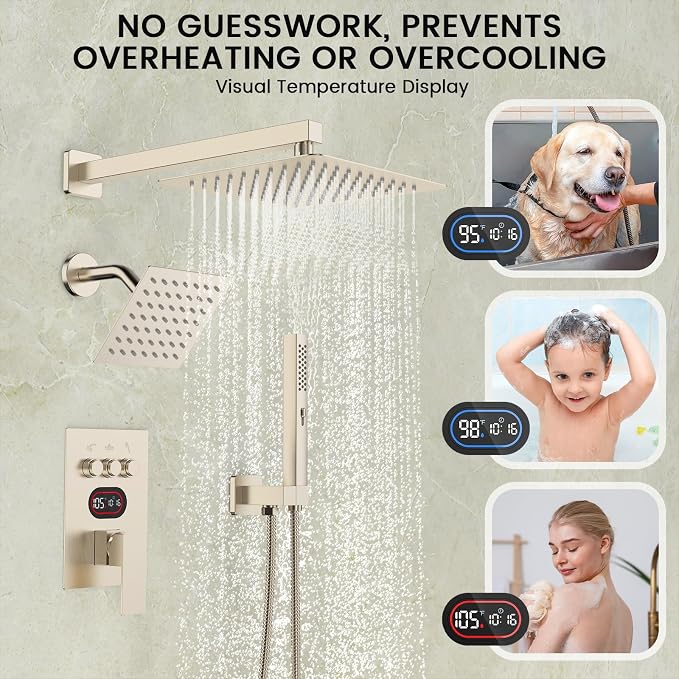 Longriver 3-Push Button Shower Faucet Set Hydro Power Temperature Display | Shower System Wall Mounted 10" & 6" Shower Head with 3-Spary Handheld, Shower Fixtures with Valve and Trim Kit-Brushed Nickel