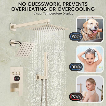 Longriver 3-Push Button Shower Faucet Set Hydro Power Temperature Display | Shower System Wall Mounted 10" & 6" Shower Head with 3-Spary Handheld, Shower Fixtures with Valve and Trim Kit-Brushed Nickel