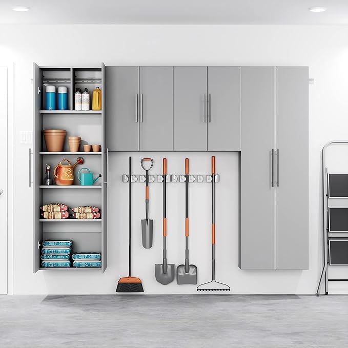 Prepac HangUps 24'' Upper Cabinet, Wall Hanging Storage Cupboard for Garage, Bathroom, Kitchen, Laundry Room Organization, Light Gray with Satin Nickel Handles
