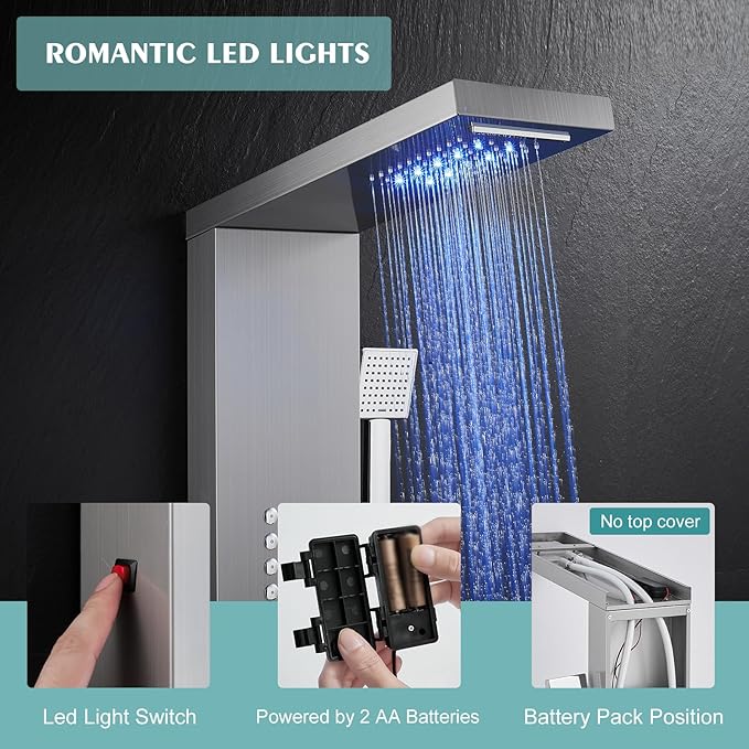 LED Shower Panel Tower System with Rainfall Waterfall Shower Head, 5-in-1 Shower Tower with Powerful Body Jets, Handheld and Tub Spout, Shower Column Stainless Steel, Brushed Finish