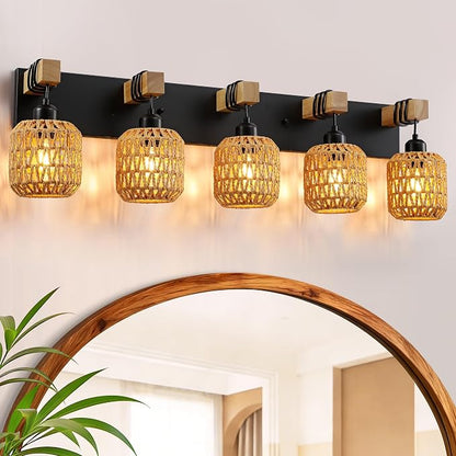 LmnLvn 5-Light Bathroom Vanity Light, Boho Farmhouse Rattan Handwoven Shade | Wood & Metal Frame, Rattan Vanity Light Design, Mounted Over Mirror, Easy To Install for Restroom, Bedroom & Hallway
