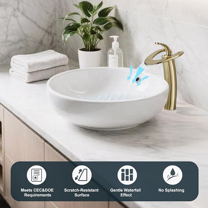 Tall Brushed Gold Waterfall Unique Bathroom Faucets, Single Lever 1 Hole Vessel Sink Faucets for Bathroom Vanity, Hot Cold Mixer Tap with Supply Hoses and Pop up Drain, llaves para lavamanos de baño