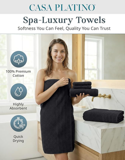 Casa Platino Towel Set Soft Absorbent Quick Dry 100% Cotton - Black | Towels And Washcloths Sets - Lightweight & Breathable, Fade-Resistant Color, Classic Terry Weave, Densely Woven