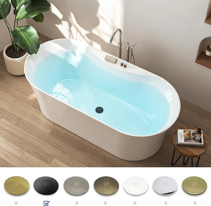 FerdY Santorini 67" Acrylic Freestanding Tub, Gracefully Shaped Contemporary Soaking Tub, Glossy White, cUPC Certified, Matte Black Toe-tap Drain and Overflow