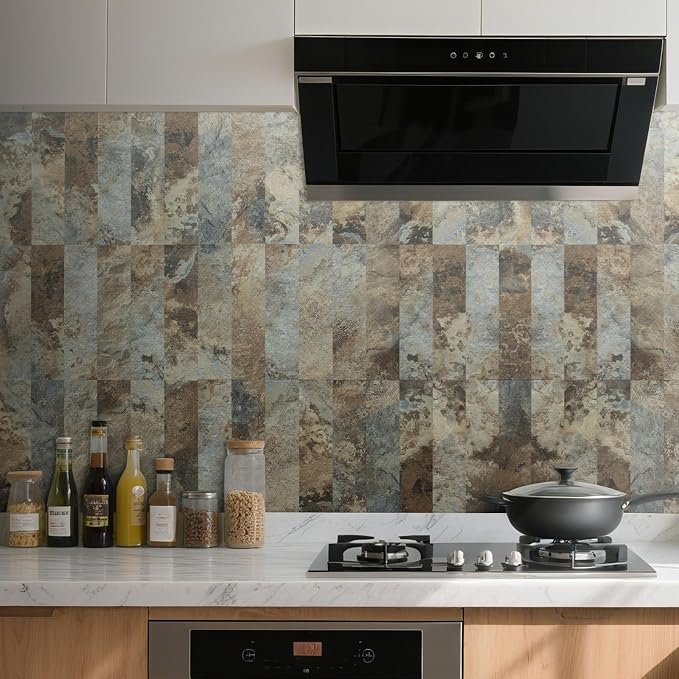 AULIGET 40-Piece Beige & Brown Slate Peel and Stick Backsplash Wall Tiles, 3" x 12" PVC Faux Stone Stick on Tiles for Backsplash Kitchen, Bathroom, Laundry Room, Camper, Fireplace