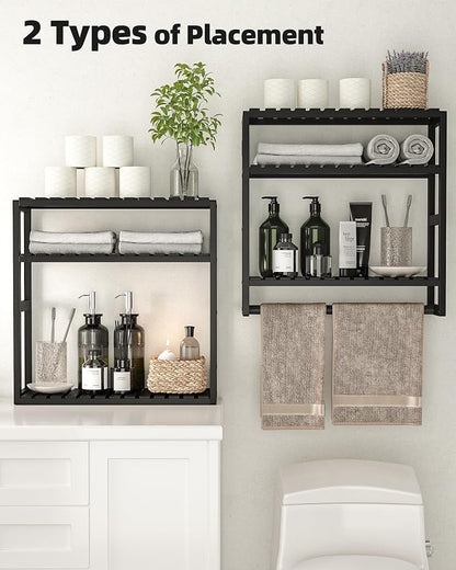 Galood Over The Toilet Storage Bathroom Shelves Wall Mounted 3 Tier Black | Space Saver Corner Shelf Organizer Bamboo Towel Rack Toilet Paper Cabinet with Hanging Rod