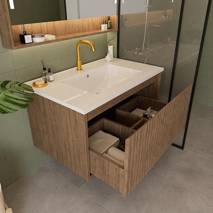 30 Inch Floating Bathroom Vanity with Ceramic Sink, Modern Striped Wall Mount Vanity Cabinet with Compartmentalized Storage Drawer, Walnut