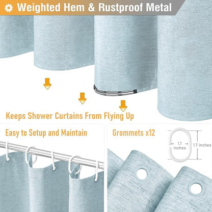 Extra Long Linen Textured Waterproof Shower Curtain, 72x96, Fog Blue | Extra Tall Size, 230GSM Polyester, Heavy Duty Cloth, Weighted Hem, 12 Plastic Hooks, Modern Hotel Style, Machine Washable