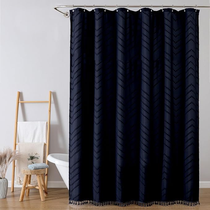 Extra Long Navy Blue Boho Shower Curtain, Chic Tufted Chevron Striped Textured Cloth Fabric Shower Curtains with Tassel for Bathroom, Soft Hotel Style Farmhouse, Machine Washable, 72x96