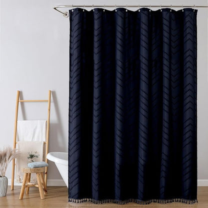 Extra Long Navy Blue Boho Shower Curtain, Chic Tufted Chevron Striped Textured Cloth Fabric Shower Curtains with Tassel for Bathroom, Soft Hotel Style Farmhouse, Machine Washable, 72x96