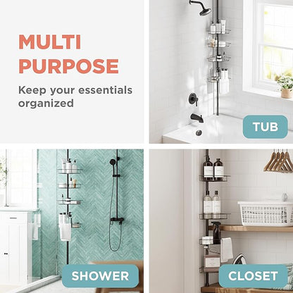 Zenna Home Tension Pole Shower Caddy Corner Organizer, Adjustable Standing Shower Caddy with 4 Baskets and Towel Bar, Rust Resistant Bathroom Tension Rod Organizer, 60 to 97 Inch, Bronze