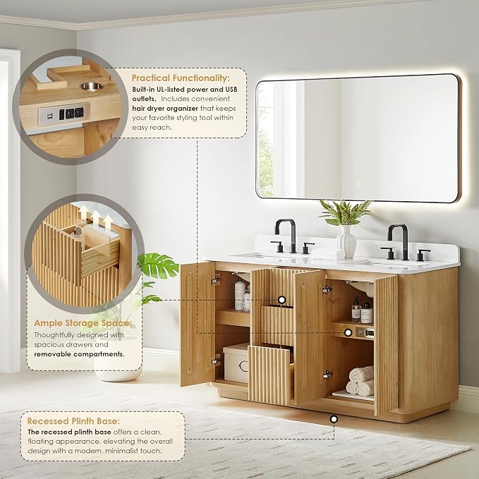 60 In Bathroom Vanities Double Sink Vanity with Ceramic Sinks Countertop | Pre-Assembled, Backsplash Included, Sturdy Solid Wood, Large Storage Cabinet, Soft Closing Doors, Dovetail Drawers
