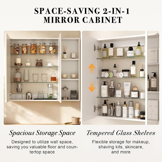 FKWin Double Door Medicine Cabinet Mirror, Wall Mount Bathroom Cabinet | Double Door Modern Surface Mount Medicine Cabinet, More Storage, Adjustable Shelves, Soft Close Hinges, White, 33x29 Inch
