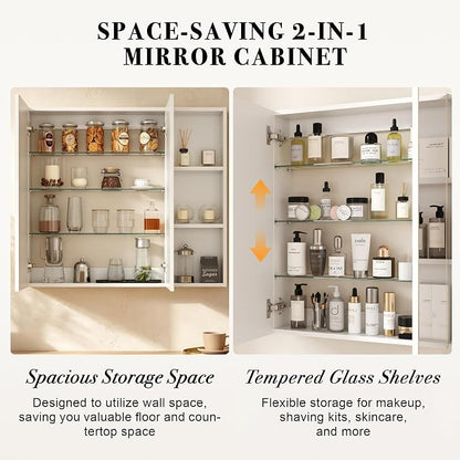 FKWin Double Door Medicine Cabinet Mirror, Wall Mount Bathroom Cabinet | Double Door Modern Surface Mount Medicine Cabinet, More Storage, Adjustable Shelves, Soft Close Hinges, White, 33x29 Inch