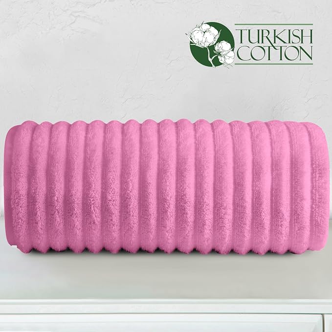 Elegant Comfort 100% Turkish Cotton Corduroy Ribbed Luxury Jumbo Bath Towel Ultra Soft - 35 x 70 Inch - Luxury Spa Premium Hotel Quality Highly Absorbent and Quick Dry Large Bath Towel, Light Pink