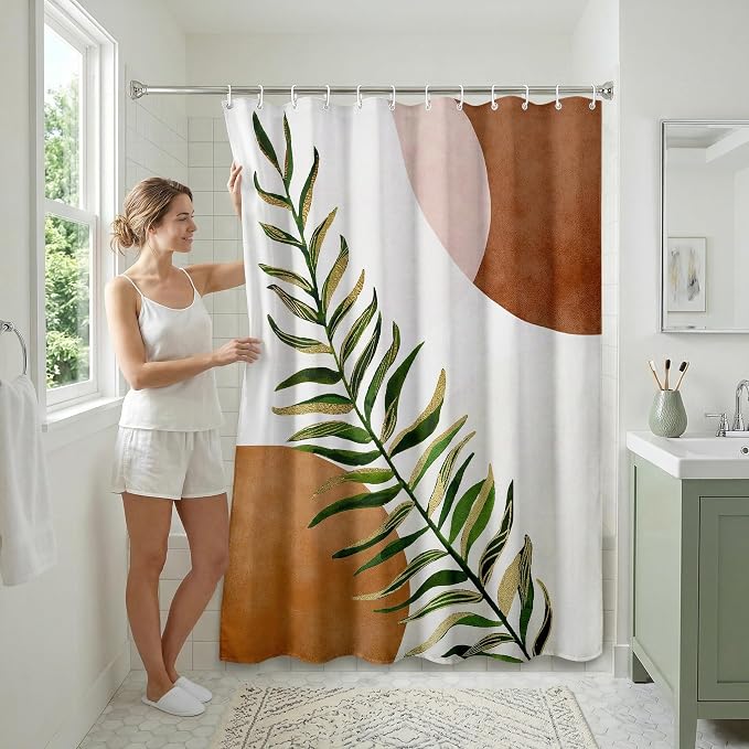 Americanflat 71x74 Boho Shower Curtain - Water-Resistant Long Shower Curtain with Durable Metal Grommets and 12 Hooks - 100% Polyester - Terracotta, Forest Green, Olive Green, Cream and Soft Pink