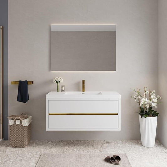 Abruzzo 48" Glossy White Wall-Mounted Bathroom Vanity with Sink – Stone Resin Countertop & Soft-Close Drawers, Waterproof Wood Cabinet for Small Bathrooms