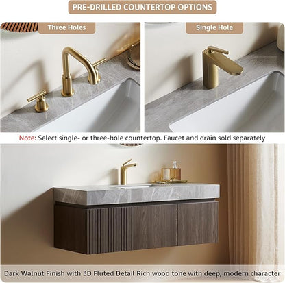 48” Floating Bathroom Vanity with Sink, Wall-Mounted Cabinet with Drawer & Doors, Gray Travertine-Pattern Sintered Stone Top, Undermount Basin, Single Faucet Hole, Soft-Close, Pre-Assembled, Dark Oak