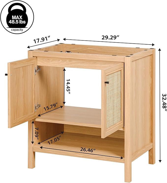 JONATHAN Y VAN1024A Jasper 30 in. W x 18 in. D x 33 in. H Rattan Modern Coastal 2-Shelf Bathroom Vanity Cabinet Only with Soft Closing Doors (Sink Basin Not Included), Oak