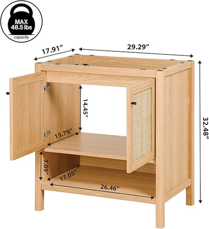 JONATHAN Y VAN1024A Jasper 30 in. W x 18 in. D x 33 in. H Rattan Modern Coastal 2-Shelf Bathroom Vanity Cabinet Only with Soft Closing Doors (Sink Basin Not Included), Oak