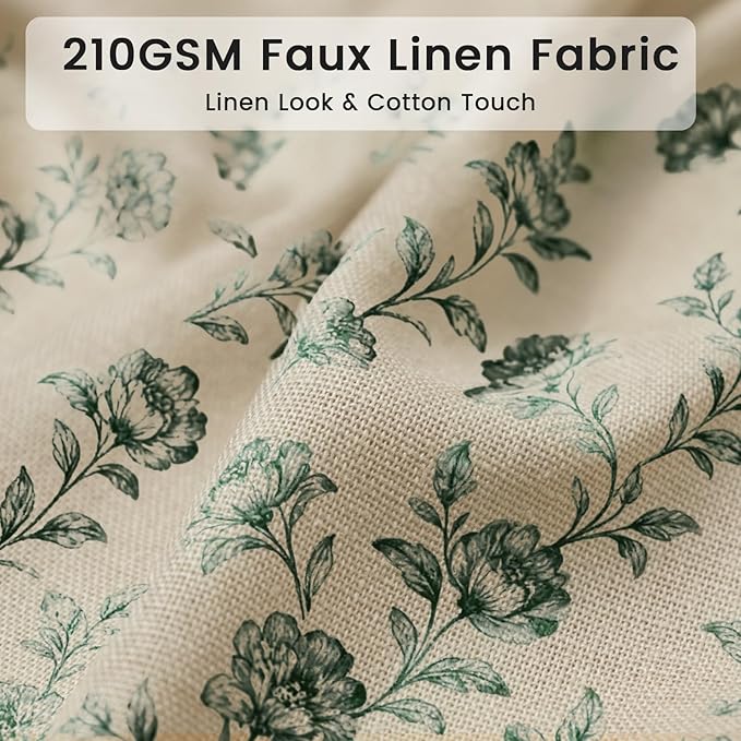 Farmhouse Sage Green Floral Shower Curtain with 12 Clear Rings 72"W x 84"L | Fabric Faux Linen Shower Curtain Set, Vintage Cottagecore Shower Curtain for Bathroom
