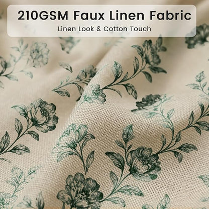 Farmhouse Sage Green Floral Shower Curtain with 12 Clear Rings 72"W x 84"L | Fabric Faux Linen Shower Curtain Set, Vintage Cottagecore Shower Curtain for Bathroom